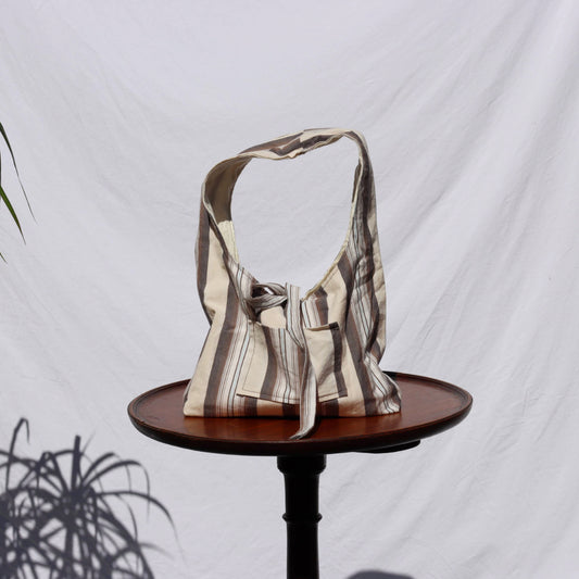 The Petit Pocket Bag - Brown/Cream Stripe with Ties